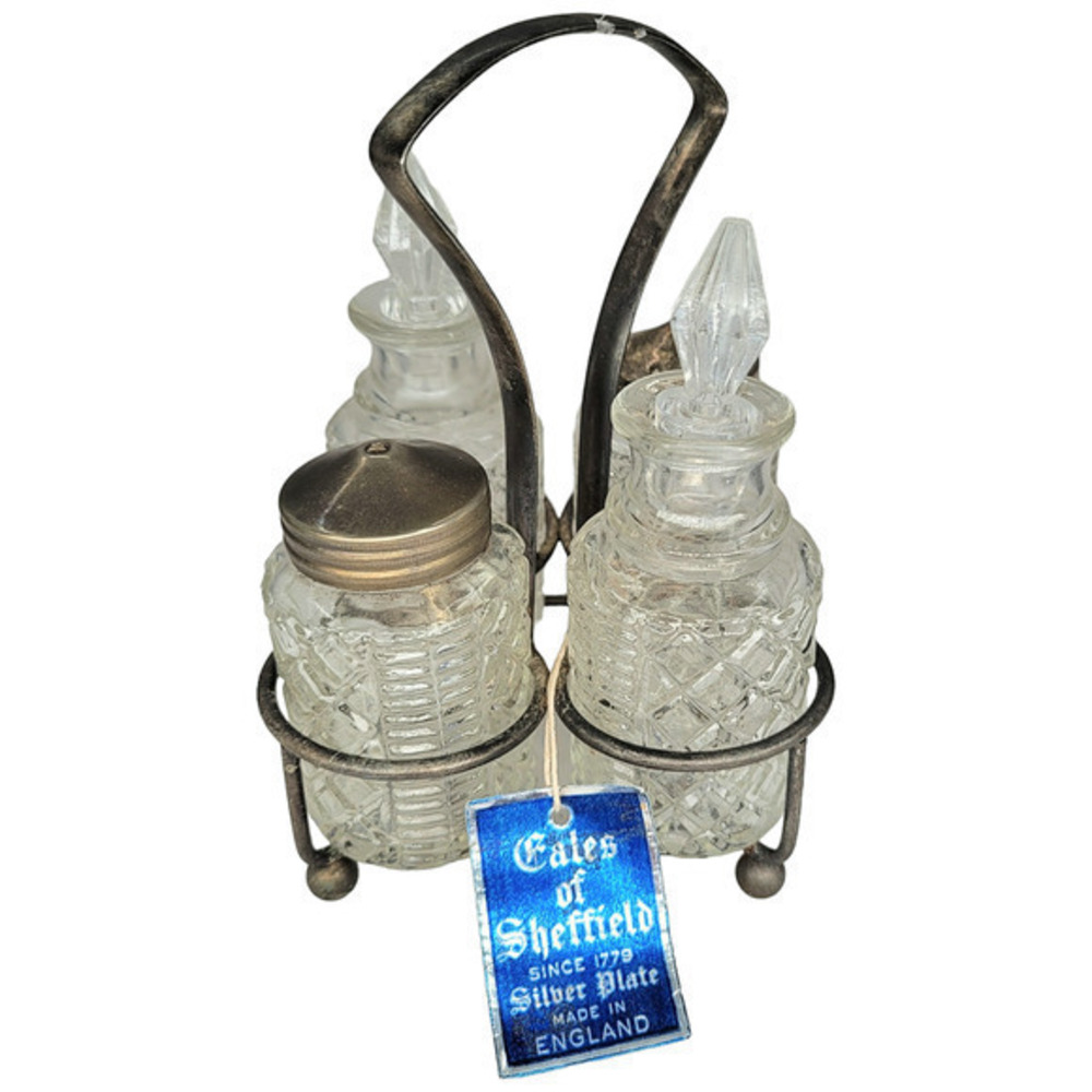Antique Deadstock 30s Sheffield Silver Plate 5 Piece‎ Pressed Glass Cruet Set